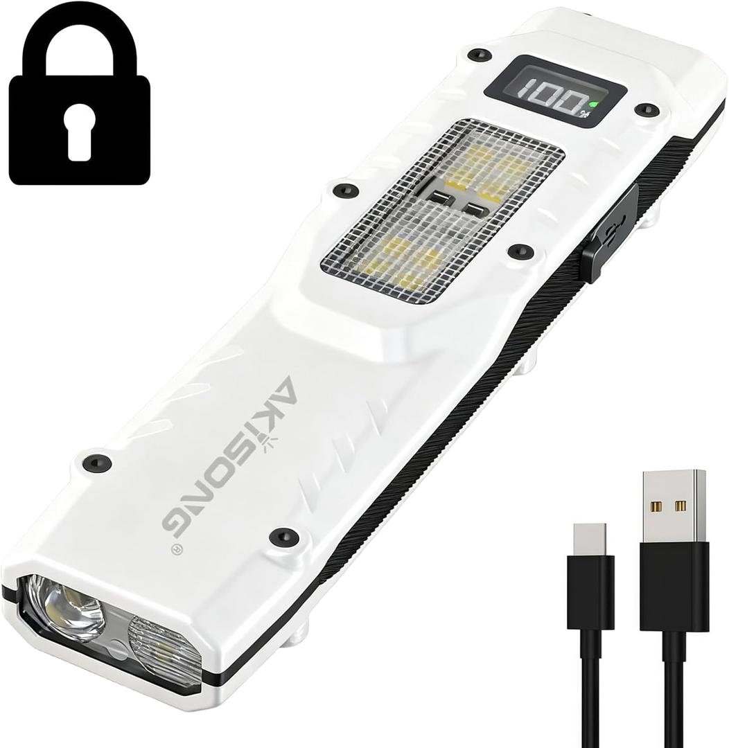 EDC Tactical Flashlight, 1200lm Flat LED Small Flashlight Rechargeable, Dual-Switches with Lock-Out & Clip, Digital Display Stainless Steel Compact Pocket Flash Lights for Emergency, Camping (White)