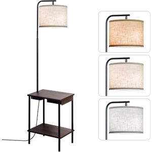 Floor Lamp with Table & Drawers, End Table Lamp with USB Charging Portt Power Outlet and Shelves, Side Table Reading Light with 3 Color Temperature Led Bulb Included for Living Room, Walnut