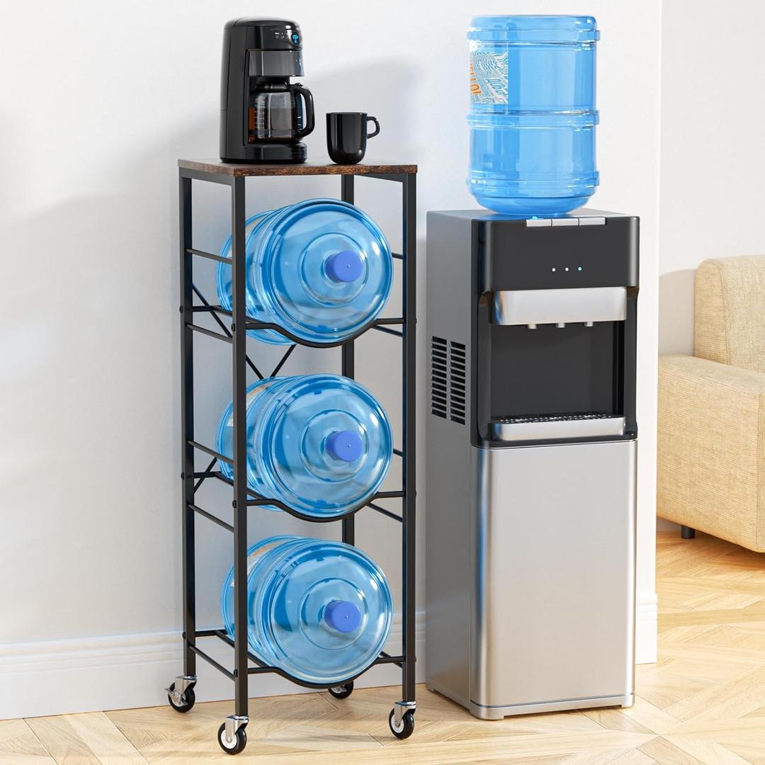 5 Gallon Water Jug Holder - 3-Tier Water Jug Rack with Wheel Reinforced X-Shape Design, 5 Gallon Water Jug Stand with Storage Shelves for Kitchen, Living Room, Office