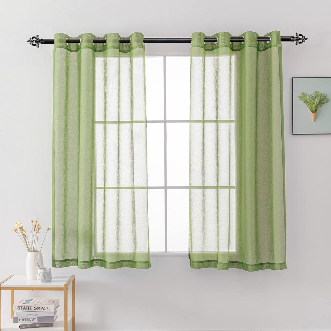 HUTO Sage Green Semi Sheer Curtains Faux Linen Sheer Window Curtain Panels Drapes 63 Inch Length with Grommet for Living Room Girls Kids Room Bedroom 2 Panels 52 x 63 Inch