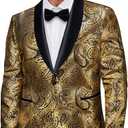 DiBanGu Mens Blazer One Button Shawl Lapel Tuxedo Sport Coat Casual Dress Suit Jacket for Men Wedding Party Prom, Black and Gold, Large