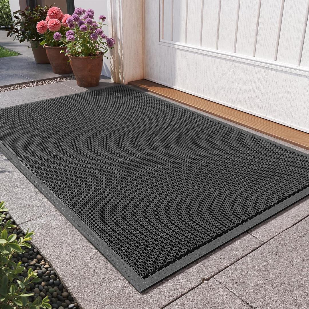 Front Door Mat 20''x31'', Drainage Heavy Duty Dirt Trapping Non-Slip Doormats, Outdoor Rubber Floor Mats, Restaurant Commercial Kitchen Industral Pool Entrance Bar Wet Area, Black