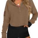 Womens Cropped Sweatshirts Henley V Neck Long Sleeve Button Pullover Lightweight Casual Tops (Brown)