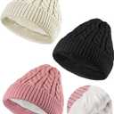 3 Pieces Kids Satin Lined Knit Beanies Winter Hat Child Warm Ski Skull Caps for Girls Boys Baby Toddlers 3-12 Years (Black, Pink, Khaki)