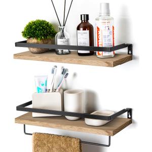 Floating Shelves for Wall, Bathroom Shelves with Towel Bar, Wall Mounted Storage Shelves for Kitchen, Bathroom, Set of 2 Natural