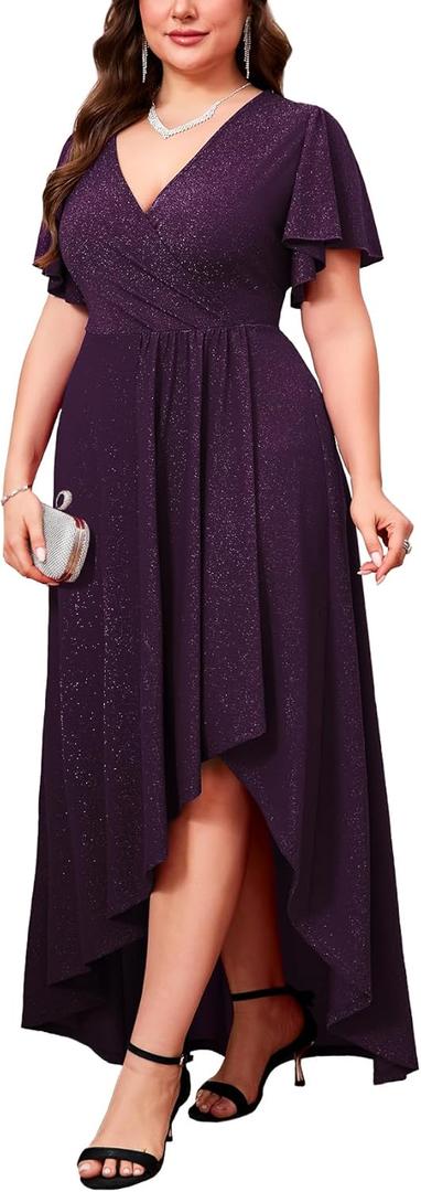 ZOMVA Plus Size 1X-4X Sparkly Glitter Formal Maxi A Line Dress Sparkle Wrap Ruffle Sleeve Prom Dresses Cocktail Evening Gown