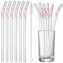 Honeydak 6 Pcs Pink Cherry Blossoms Glass Straws with Charms Cute Reusable Straws Glass with Brush Flower Shaped Clear Drinking Sucker Spring Party Decor Bachelorette Decor Bridal Engagement Drinkware