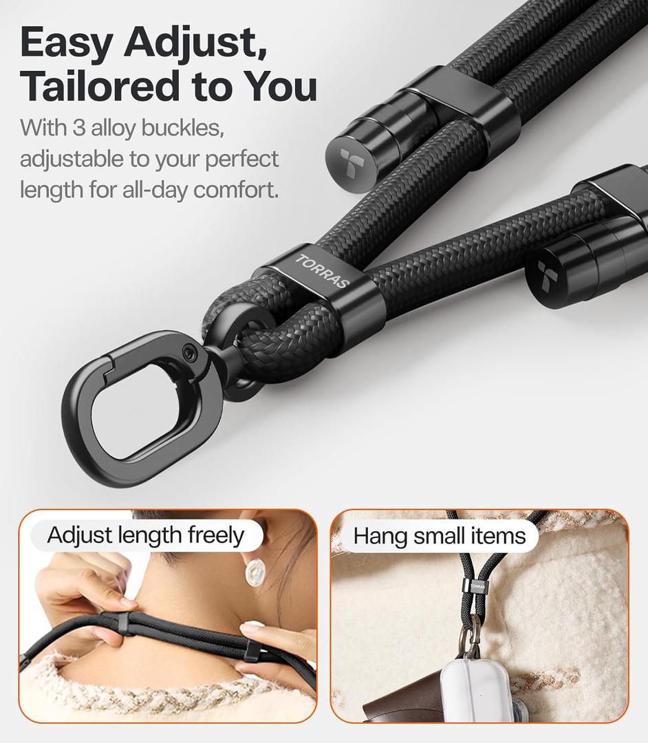 TORRAS Phone Lanyard Crossbody with 2 Phone Tabs, Adjustable Anti Theft Phone Strap for All Phones, Premium Metal Buckles, SkinFriendly, Universal Cell Phone Neck lanyard for Travel Essentials, Black