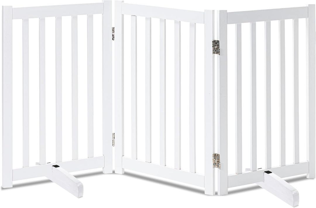 LZRS Freestanding Dog Gate 30 inch Tall - 3 Panels Solid Wooden Pet Gate for Doorways, Stairs & Hallways, Expandable & Foldable with Support FeetIndoor Use,White