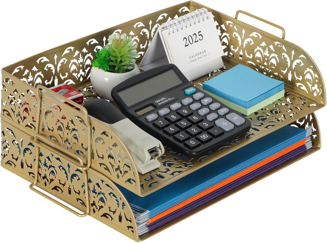 EasyPAG Paper Organizer for Desk 2 Tier Stackable Paper Tray for A4 Legal Size Folders Metal File Storage Desktop Organizer for Home Office School Teacher, Gold