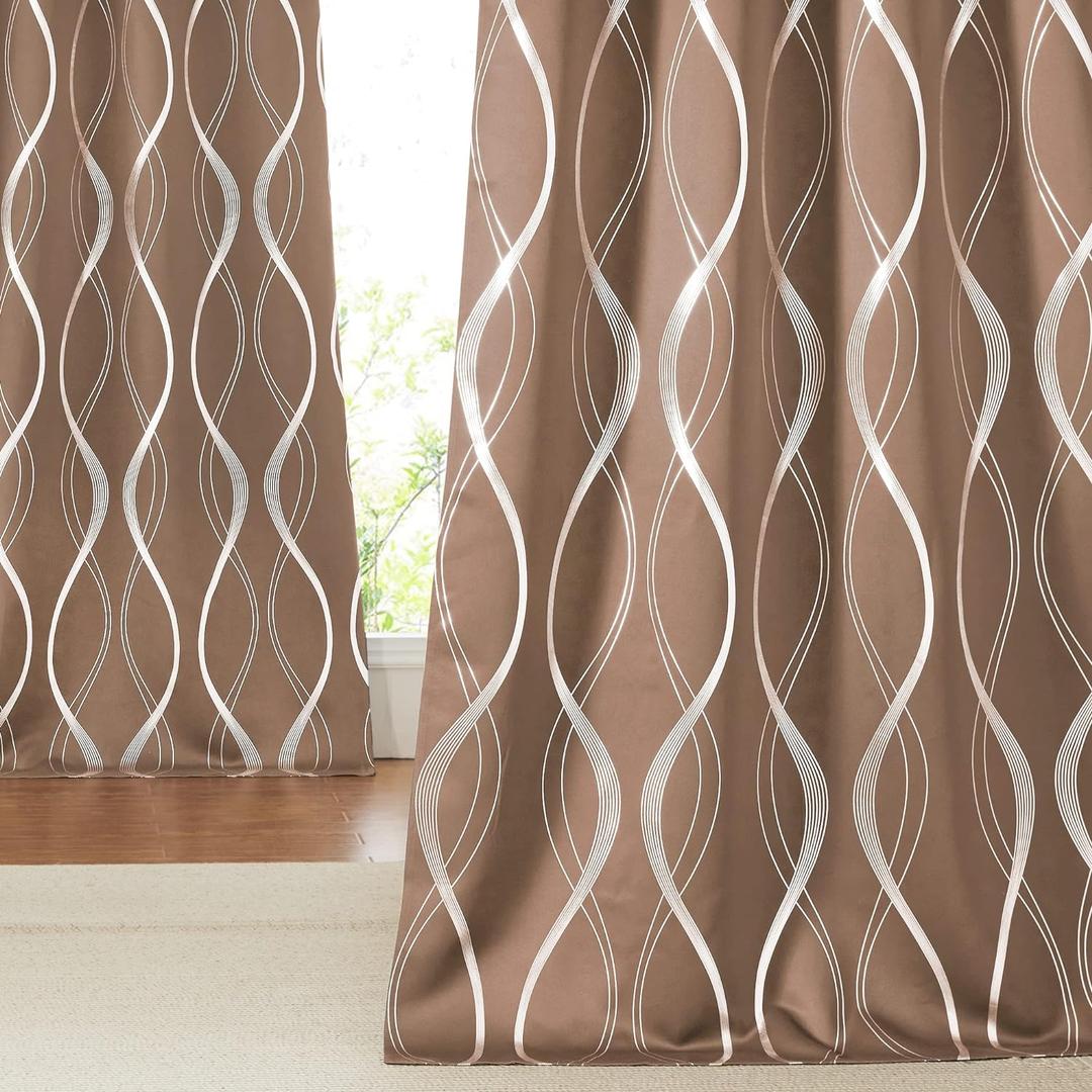 NICETOWN Blackout Curtains Panels for Bedroom - Microfiber Noise Reducing Thermal Insulated Wave Line Foil Print Design Drapes for Patio Sliding Glass Door (Cappuccino, 2 Panels, 52 x 72 Inch)