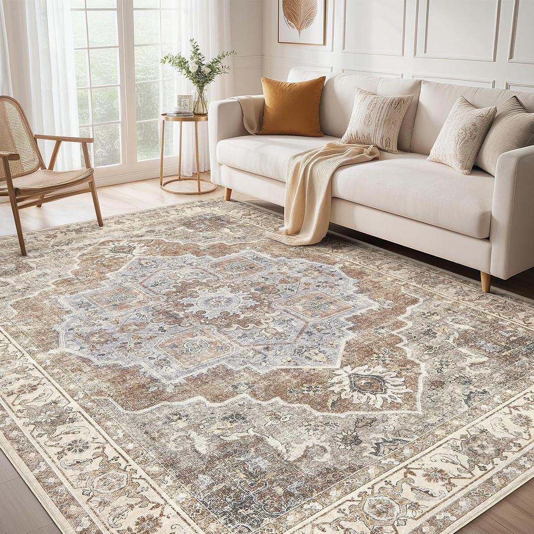Area Rug for Living Room: 9x12 Washable Vintage Neutral Soft Non Slip Thin Large Floor Carpet for Bedroom Kitchen Dining Room Home Office Farmhouse Indoor - Grey Brown (9' x 12' (Rectangular))