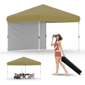 GarveeLife 10x10 Pop Up Canopy with One Sidewalls Easy Up Camping Tent with One Button Push Setup 1 Roller Bag 3 Adjustable Height 4 Weight Bags (Khaki)