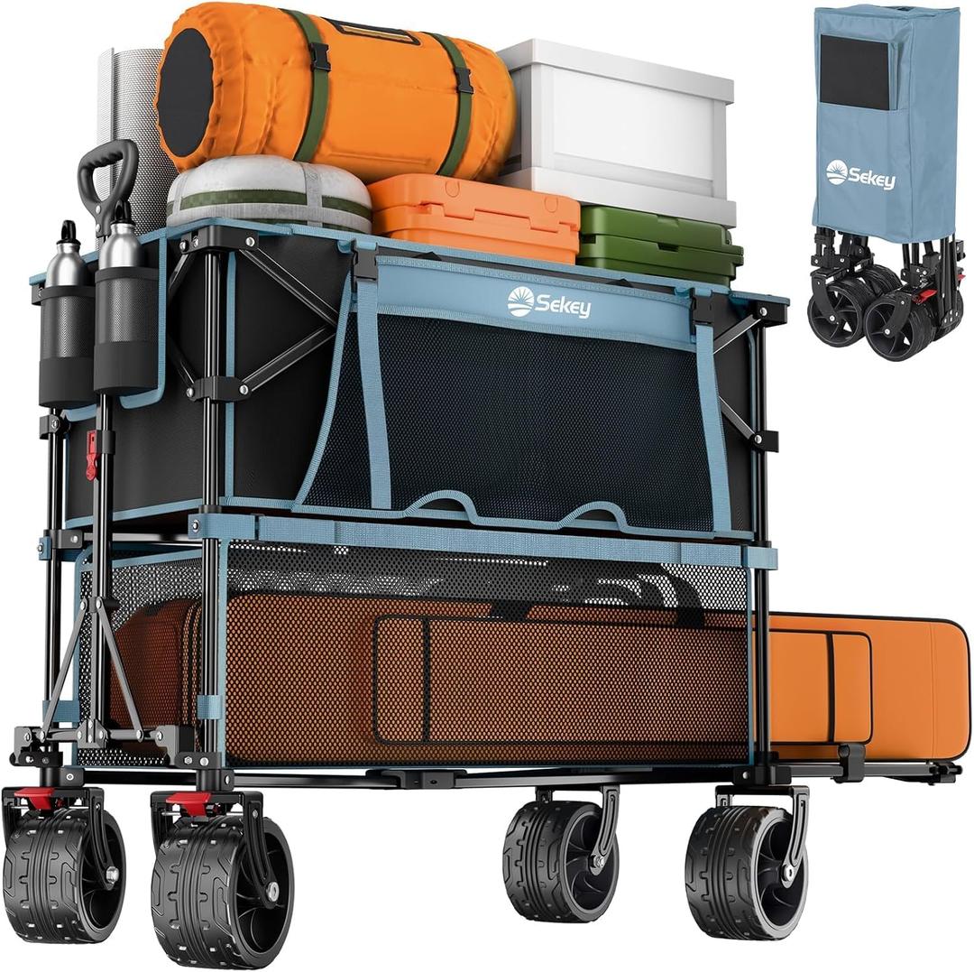 Sekey 500LBS Heavy Duty Double Decker Wagon with Extender, 400L Large Capacity Collapsible Garden Cart Fits 10x10 Canopy, All-Terrain Big Wheels with Brakes, Foldable Utility Wagon for Sports, Camping