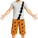 Men Adult Bam Costume Caveman T-Shirt Pants Outfit with Bone Accessory Halloween Stone Age Cosplay Dress Up (Gray, L)