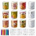 Thanksgiving Color Your Own Mugs for Kids-12Pcs Fall Bulk 8oz Personalized Coffee Mugs with 36Pcs Insert Paper Autumn Pumpkin Turkey DIY Plastic Cups for Thanksgiving Harvest Holiday Party Supplies