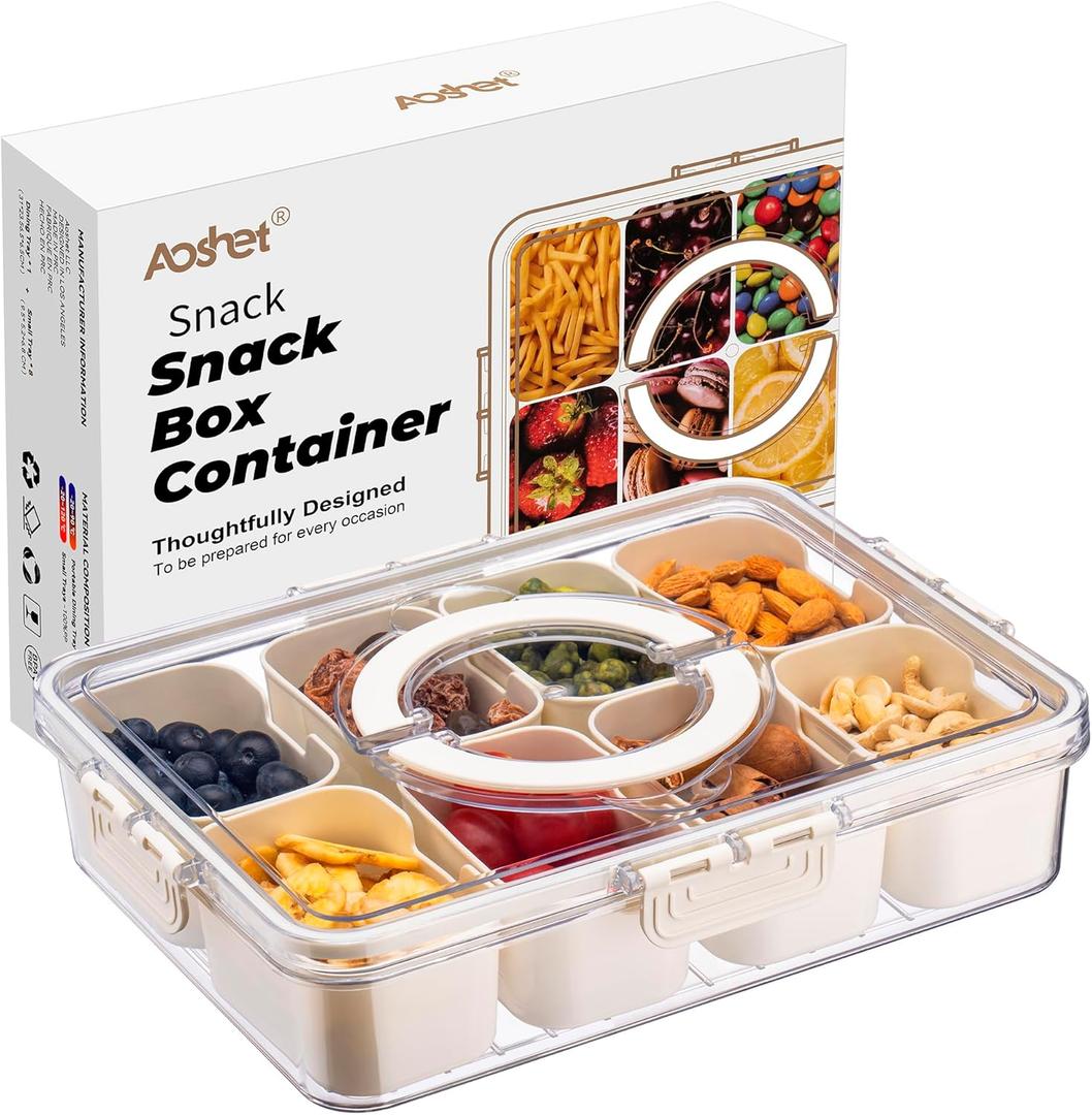 Snack Box Container, Dishwasher Safe Fruit Storage Containers, Divided Serving Tray with Lid for Veggie, Candy and Nuts Organizer, Snackle Charcuterie Boxes for Kids, Adults Travel, Party and Picnic (1 pcs 8 Compartment)