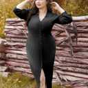 Plus Size Knit Dresses for Women Fall Long Sleeve V Neck Button Ribbed Midi Sweater Dress (Black, XL)