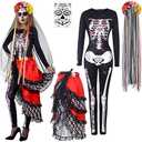 Ramede 4 Pcs Day of The Dead Catsuit Costume Women Dia De Muertos Skeleton Bodysuit Mexican Halloween Sugar Skull Accessories Size Medium