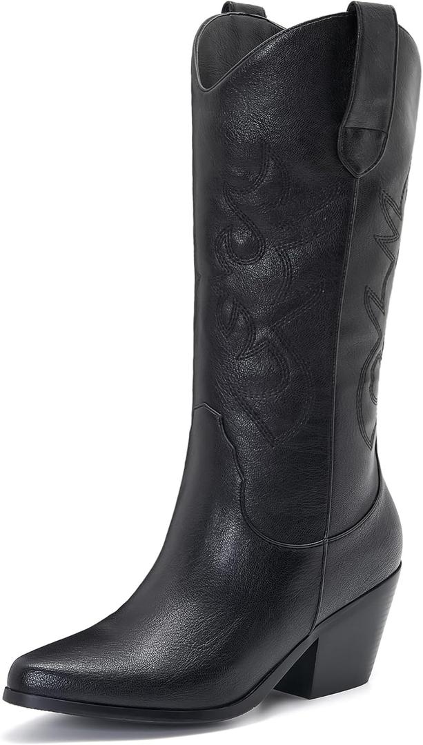 ZXHYZLZ Western Cowboy Boots for Women - Mid Calf Embroidered Cowgirl Boots, Slip On Pointed Toe Chunky Heel Fashion Retro Classic Boots (8, Black)