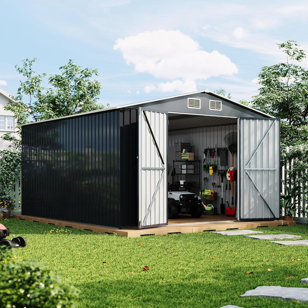 Garvee 10 x 12 ft Outdoor Storage Shed, Heavy-Duty Waterproof Tool Shed Storage with Lockable Door, Vents and Updated Frame Structure, Large Metal Tool Shed for Backyard, Patio Lawn, Grey (Gray)