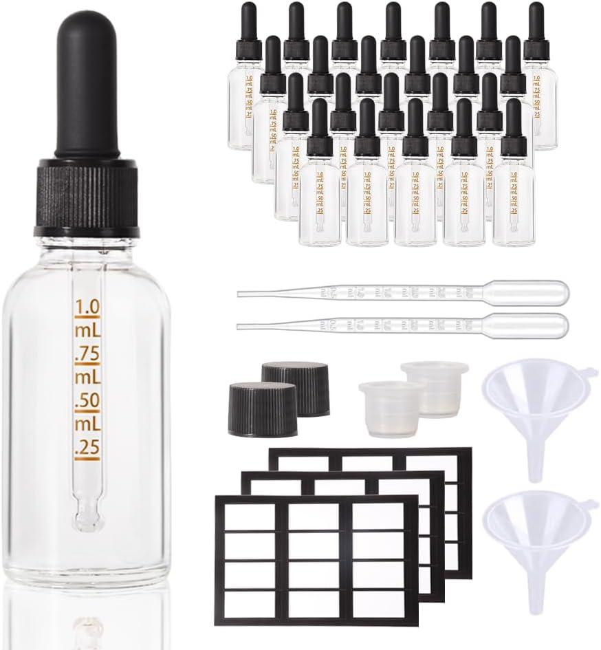 24P,1oz Glass Dropper Bottles for Oil with Small Funnel,Small Travel Containers Tincture Bottles with Dropper (ClearBlack+Scale)