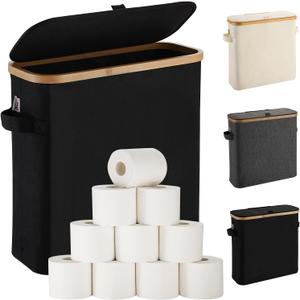Toilet Paper Storage Basket with Lid for Mega Rolls, Large Bamboo Toilet Paper Organizer Holder Stand for Bathroom, Enclosed Tissue Storage Bin Box Container Free Standing, Black