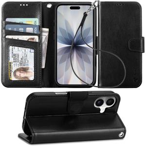 Arae Compatible with iPhone 17 Case Wallet with Card Holder, Wristlet Strap Wallet Flip Cover for iPhone 17 6.1 inch Men/Women, RFID Blocking, Kickstand, Black