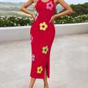 ZESICA Women's Summer Knit Bodycon Midi Dress 2026 Sleeveless Floral Crewneck Color Block Long Beach Party Dresses (Red, XL)