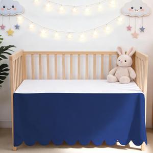 Scallop Edge Crib Skirt Navy Blue, 100% Egyptian Cotton 400 Thread Count Crib Skirt Dust Ruffle,Double Layer,Durable,Smooth Toddler Bedding Skirt for Baby Girls or Boys, 52"X28" with 14"