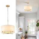 CATINER Modern Drum Chandelier 18” White and Gold Pendant Light Fixture Round Fabric Shade 4 Lights Semi Flush Mount Hanging Ceiling Chandelier for Dining Room Bedroom