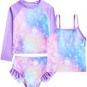Funnycokid Girls Swimsuit 3 Pieces Long Sleeve Rash Guard Set Tankini Bathing Suits Summer Kids Swimwear 3-10 Years 8T