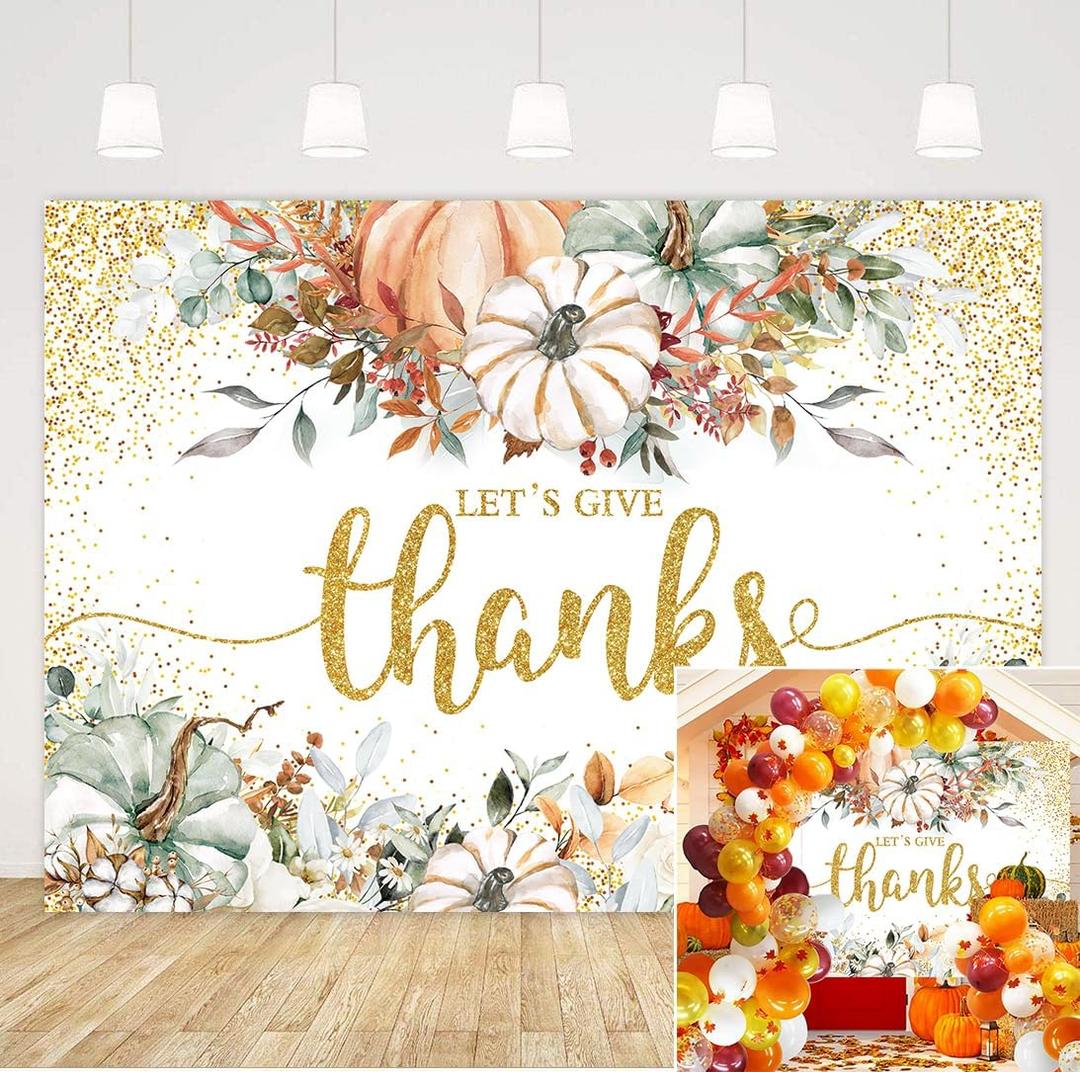 Let's Give Thanks Backdrop Thanksgiving Background for Photography Fall Pumpkins Friendsgiving Party Banner Autumn Harvest Decoration Family Dinner Party Photo Props (8X6FT)