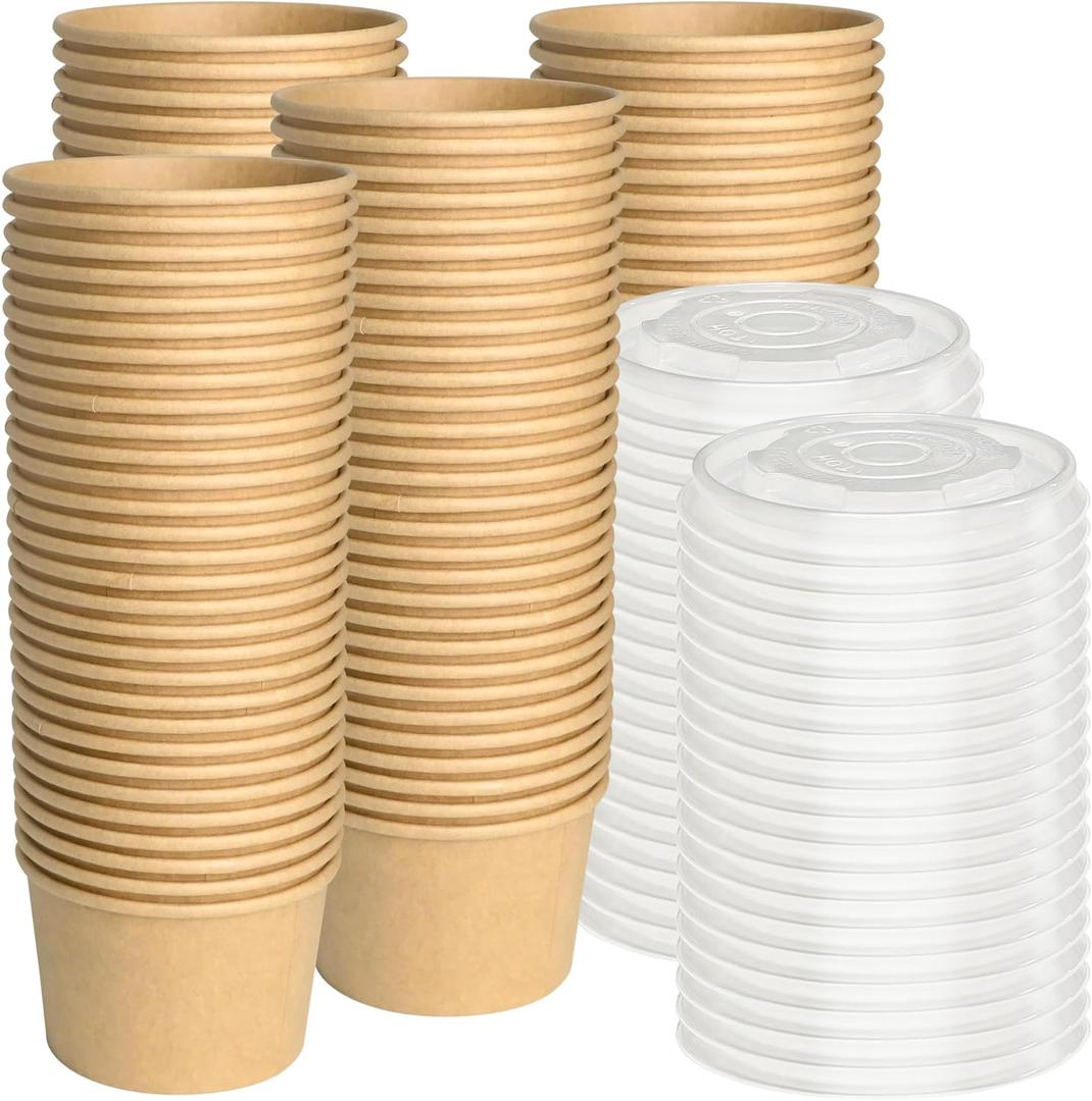 ESSENTIAL Paper Ice Cream Cups with Lids, 120pcs 8oz Disposable Dessert Bowls with Lids for Hot or Cold Food, Paper Snack Containers for Sundae, Frozen Yogurt, Soup (Brown)