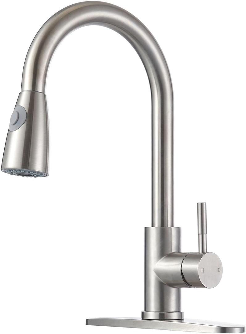 SHACO Kitchen Faucets, Kitchen Faucet with Pull Down Sprayer 2-Function Commercial Stainless Steel Kitchen Sink Faucet with Deck Plate 1 Hole or 3 Hole Pull Out Faucet for Bar Laundry RV