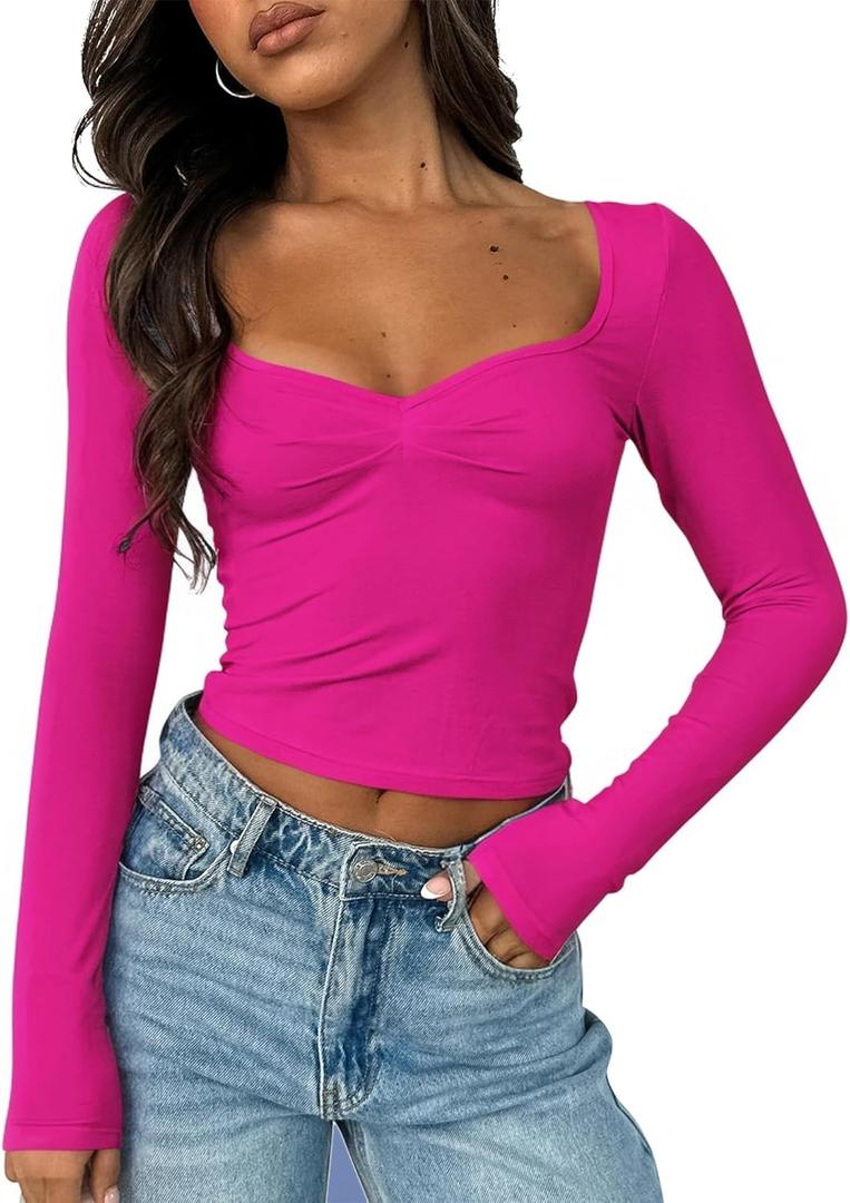 ForeFair Women's Sexy Long Sleeve Going Out Tops Pleated Bustier Shirt Cute Sweetheart Neck Y2K Cropped Top (A Hot Pink)