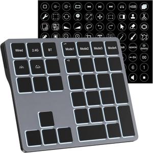 Doohoeek Tri-Mode Programmable Keyboard (BT/2.4G/Wired), Bluetooth Shortcuts Keyboard with 25 Custom Keys & Shortcuts Stickers & Backlit, Wireless Macro Keypad for Windows Graphic, Editing & Office