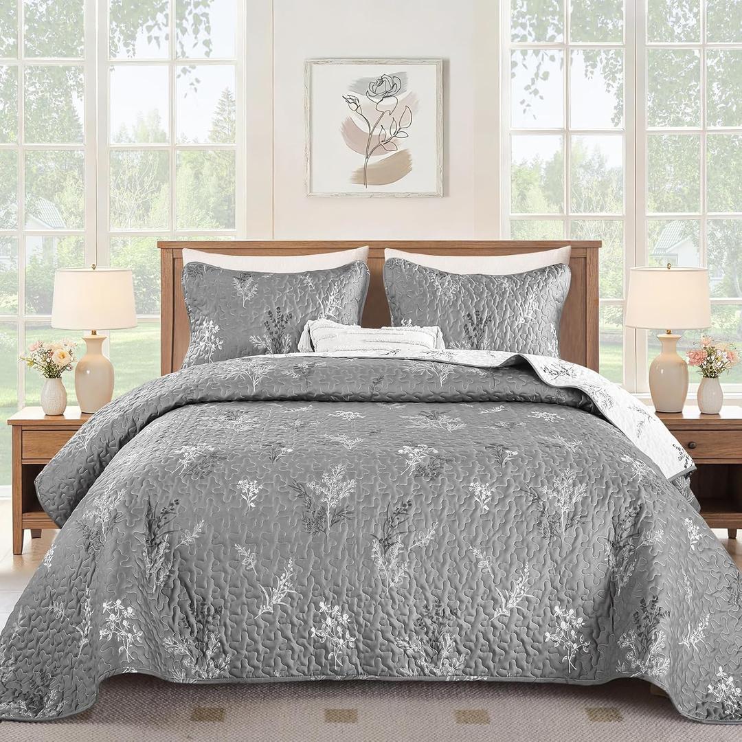 Drucon Grey Quilt Set King Size - 3 Pieces Branch Botanical Quilt Coverlet Set, Reversible Gray White Leaves Floral Bedspreads, Lightweight Microfiber Bedding Set with 2 Pillow Cases
