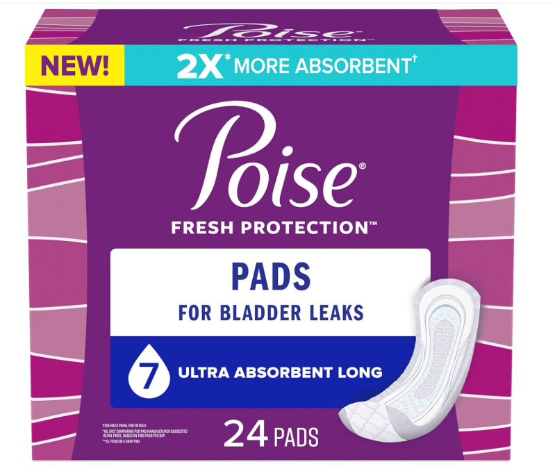 Poise Incontinence Pads & Postpartum Incontinence Pads, 7 Drop Ultra Absorbency, Long Length, 24 Count, Pack of 4