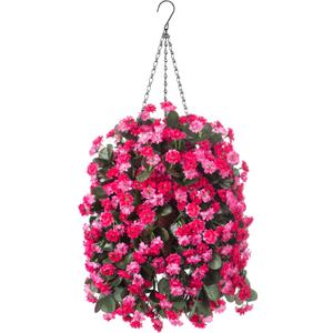 Ammyoo Artificial Flowers in Hanging Basket Uv Resistant for Outdoor Decor | Fake Mums Flowers Faux Plants Coconut Lining Pot for Home Porch Garden Yard Patio Decoration(Rose Red)