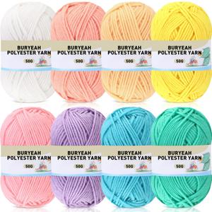 Buryeah Pastel Rainbow 8 Packs Crochet Yarn Knitting Bundle Beginner Acrylic Thread Fluffy Hand Tube Polyester Yarn Needles Bulky Kit Variety Pack 726 Yards for Weaving Crafts DIY Project Beginner