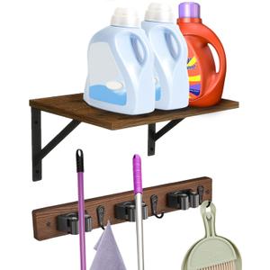 Broom and Mop Organizer Wall Hanging with Cleaning Supplies Organizer Shelf Rustic Farmhouse Wood Broom Mop Holder Storage Rack for Laundry Room Garage (1, Brown)
