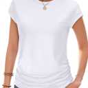 Trendy Womens Summer Tops 2026- Chic Ruched Short-Sleeve Crewneck T Shirts Fashionable Casual Wear (White, S)