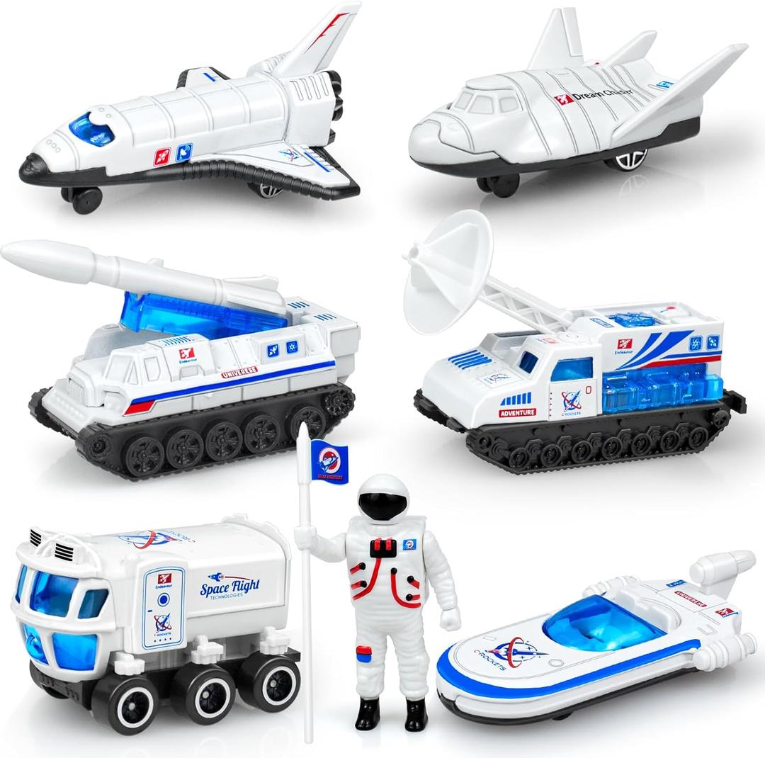 Tcvents 7PCS Diecast Space Toys with Astronaut Figure, 1:64 Scale Rocket Ship, Explore, Space Shuttle Toys for Kids 3-5 6 7 8 Spaceship Rocket Toy Playset for Boys Birthday Easter Gifts