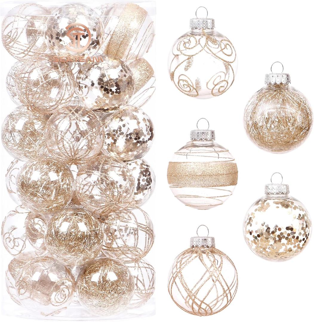 Sea Team 60mm/2.36" Shatterproof Clear Plastic Christmas Ball Ornaments Set with Glitter Painting, Transparent, See-Through, Crystal Baubles, Xmas Tree Decorations (30 Counts, Champagne)