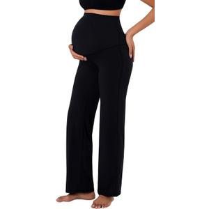 Sunzel Maternity Wide Leg Pants Over Belly Flowy Pregnancy Lounge Pants with Optional Pockets, Stretchy & Supportive (Black, XS)