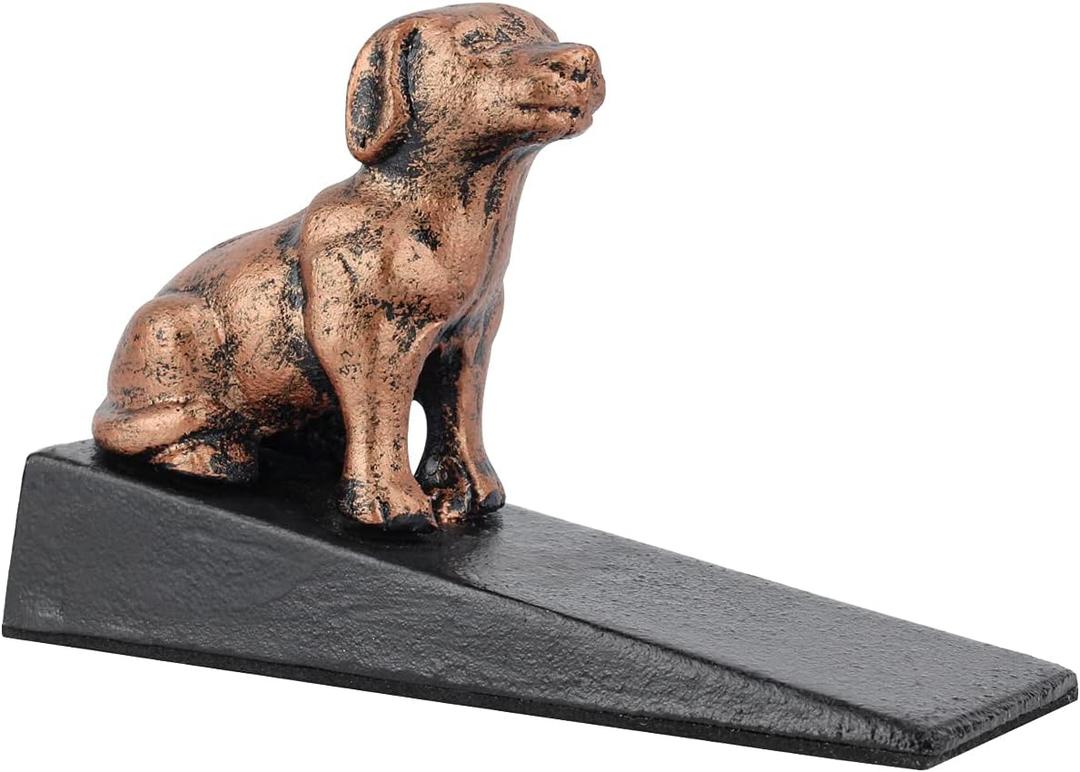 Earl Diamond Heavy Duty Cast Iron Cute Dog Door Stops | Decorative Cute Animal Statue Metal Door Stopper Wedge, with Non-Slip Mat for Home Office Commercial (Black With Red Copper-Dog)