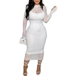 Famnbro Womens Lace Dress Long Sleeve Sexy See Through Bodycon Elegant Formal Party Cocktail 2 Piece Dresses Sets (Medium, White)