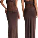 Womens Maxi Dress Removable Spaghetti Straps Knotted Twist Sweetheart See Through Night Club Party Cocktail Bodycon Dress (Small, Brown)