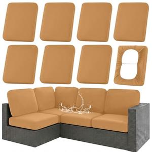 hyha Waterproof Outdoor Cushion Covers for Patio Furniture, Stretch Patio Chair Cushion Slipcovers, Coated UV Resistant Replacement Seat Covers, Solid Color (Camel, 8PC)